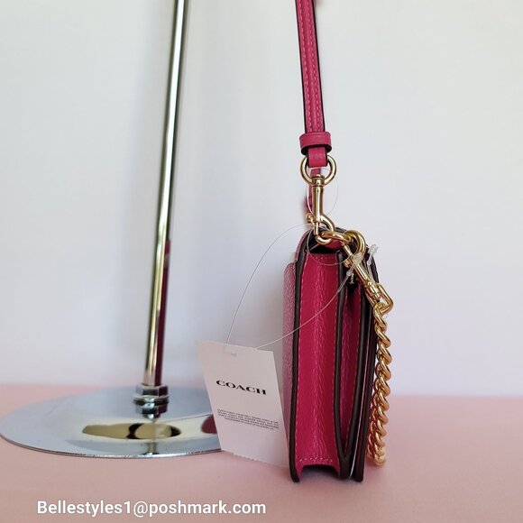 COACH Anna Pebbled Leather Fold-over Clutch Crossbody With Chain- Bold Pink ⭐ - Picture 9 of 16